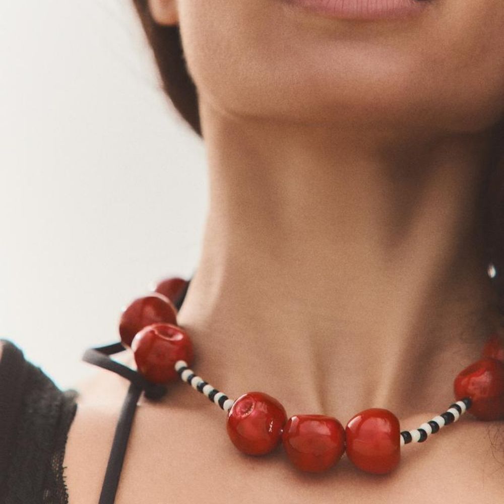 New! ZARA Cherry Bead Necklace In Red, Black & White Beaded (Z3) NWOT